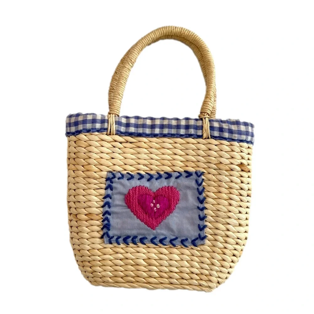 Vintage Patch Knit Pink + Purple Heart Gingham Straw Mini Bag Purse Tote - Picture 1 of 5
